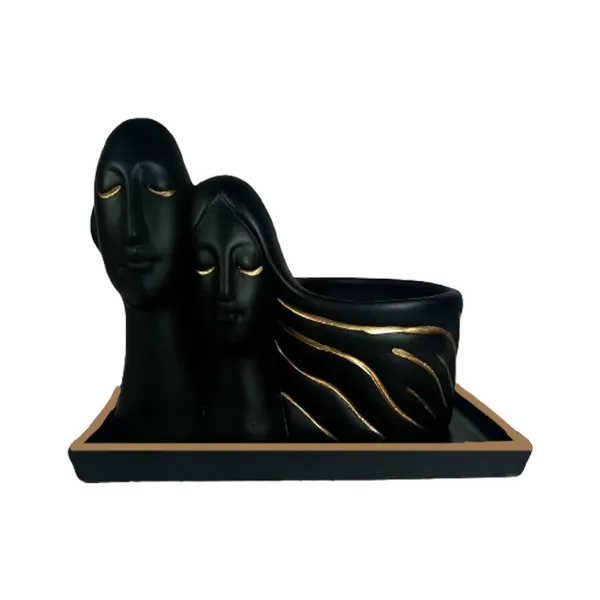 Couple_Black_Gold_With_Plate_Rec003_Black_Ceramic_Pots_For_Indoor_Plants,Planters,Flower,Gamla,Outdoor(Pot-L-16_X_W-10_X_H-14.5Cm,Plate-L-21Xw-15Xh-1.7Cm)