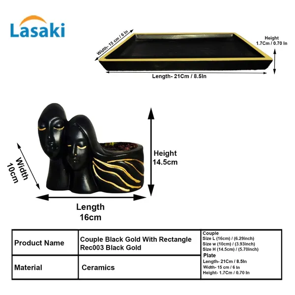 Couple_Black_Gold_With_Plate_Rec003_Black_Ceramic_Pots_For_Indoor_Plants,Planters,Flower,Gamla,Outdoor(Pot-L-16_X_W-10_X_H-14.5Cm,Plate-L-21Xw-15Xh-1.7Cm)