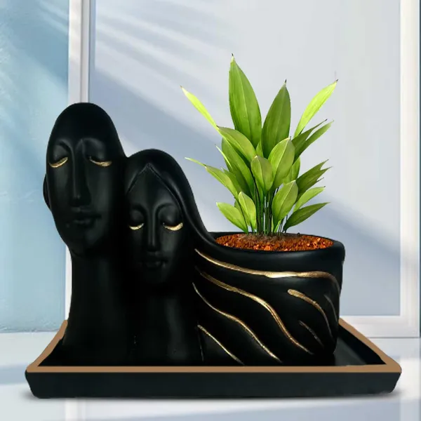 Couple_Black_Gold_With_Plate_Rec003_Black_Ceramic_Pots_For_Indoor_Plants,Planters,Flower,Gamla,Outdoor(Pot-L-16_X_W-10_X_H-14.5Cm,Plate-L-21Xw-15Xh-1.7Cm)