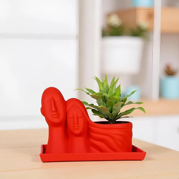 Couple_Red_With_Plate_Rec003_Red_Ceramic_Pots_For_Indoor_Plants,Planters,Flower,Gamla,Outdoor(Pot-L-16_X_W-10_X_H-14.5Cm,Plate-L-21Xw-15Xh-1.7Cm)