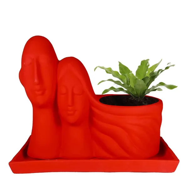 Couple_Red_With_Plate_Rec003_Red_Ceramic_Pots_For_Indoor_Plants,Planters,Flower,Gamla,Outdoor(Pot-L-16_X_W-10_X_H-14.5Cm,Plate-L-21Xw-15Xh-1.7Cm)