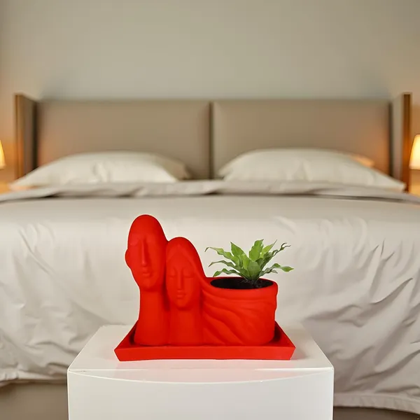 Couple_Red_With_Plate_Rec003_Red_Ceramic_Pots_For_Indoor_Plants,Planters,Flower,Gamla,Outdoor(Pot-L-16_X_W-10_X_H-14.5Cm,Plate-L-21Xw-15Xh-1.7Cm)