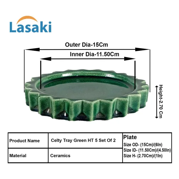 Celty_Tray_Green_Ht5_Set_Of_2_|_Round_Ceramic_(Plates/Saucers)_For_Pots,_Planters,_Flowers,_Succulents_|_Decorative_Garden_Accessories_|_(H_-_2.5_X_D_-_14.5_Cm)