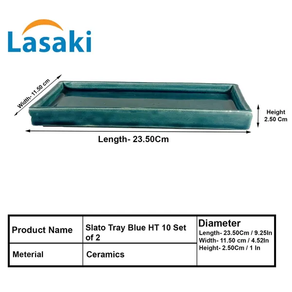 Slato_Tray_Blue_0_Set_Of_2_|_Rectangle_Ceramic(Plates/Saucers)_For_Pots,Planters,Flowers,Succulents|Decorative_Garden_Accessories|(L_-_23.5_X_W_-_11.5_X_H_-_2.5_Cm)