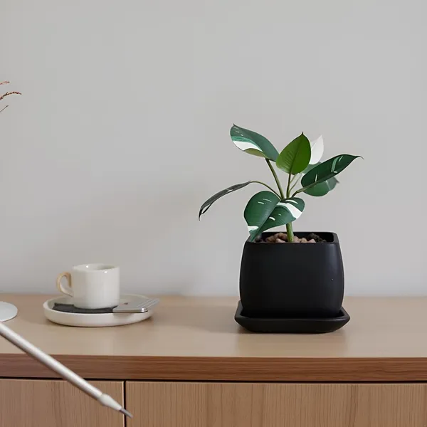 Nebi_Black_With_Plate_Black_Ceramic_Pots_For_Indoor_Plants,Planters,Flower,Gamla,Outdoor(Pot-D-9.5_X_H-8.5Cm,Plate-L-10_Xh-1.5_Cm)