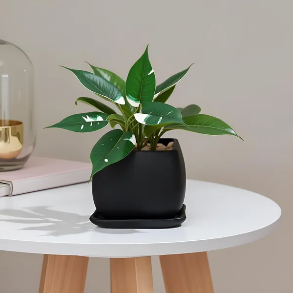 Nebi_Black_With_Plate_Black_Ceramic_Pots_For_Indoor_Plants,Planters,Flower,Gamla,Outdoor(Pot-D-9.5_X_H-8.5Cm,Plate-L-10_Xh-1.5_Cm)