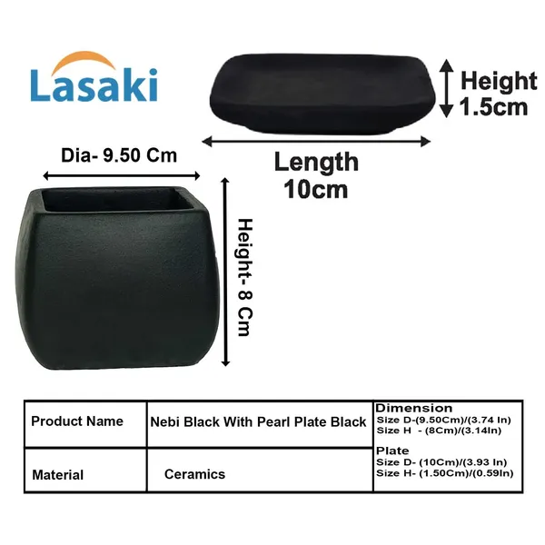 Nebi_Black_With_Plate_Black_Ceramic_Pots_For_Indoor_Plants,Planters,Flower,Gamla,Outdoor(Pot-D-9.5_X_H-8.5Cm,Plate-L-10_Xh-1.5_Cm)