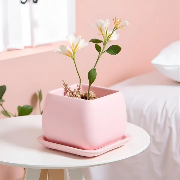 Nebi_Pink_With_Plate_Pink_Ceramic_Pots_For_Indoor_Plants,Planters,Flower,Gamla,Outdoor(Pot-D-9.5_X_H-8.5Cm,Plate-L-10_Xh-1.5_Cm)