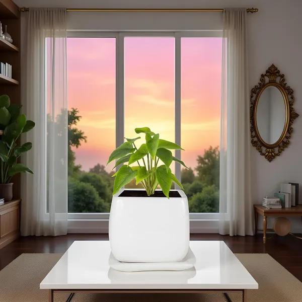 Nebi_White_With_Plate_White_Ceramic_Pots_For_Indoor_Plants,Planters,Flower,Gamla,Outdoor(Pot-D-9.5_X_H-8.5Cm,Plate-L-10_Xh-1.5_Cm)