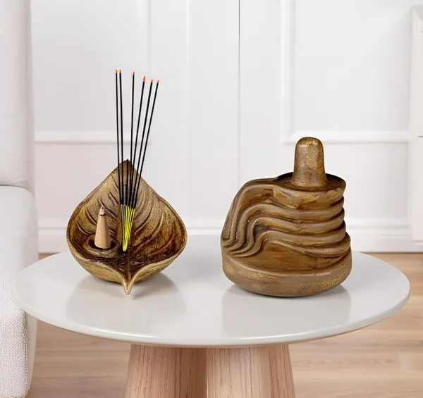 Shivling_And_Cosmic_Leaf_Antique_Ceramic_Figurine_Showpiece_Artifact_Abstract_Animal_Statue_For_Indoor,_Home,_Office_Decor,(Shivling-L-8Xw-6.5Xh-8Cm/Cosmic_Leaf-L-9.5Xw-7Xh-5Cm)