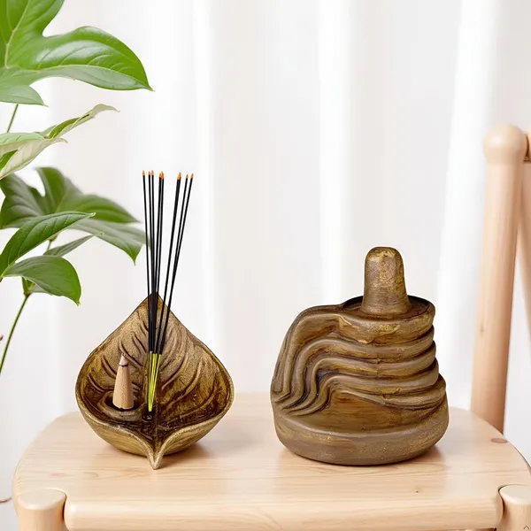 Shivling_And_Cosmic_Leaf_Antique_Ceramic_Figurine_Showpiece_Artifact_Abstract_Animal_Statue_For_Indoor,_Home,_Office_Decor,(Shivling-L-8Xw-6.5Xh-8Cm/Cosmic_Leaf-L-9.5Xw-7Xh-5Cm)