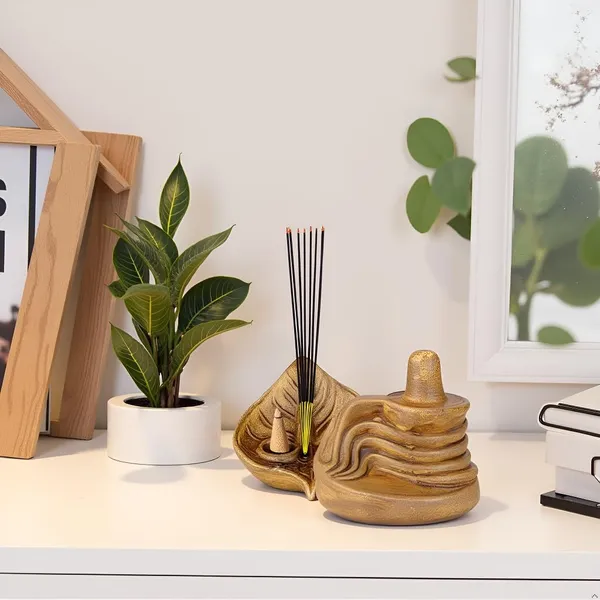 Shivling_And_Cosmic_Leaf_Antique_Ceramic_Figurine_Showpiece_Artifact_Abstract_Animal_Statue_For_Indoor,_Home,_Office_Decor,(Shivling-L-8Xw-6.5Xh-8Cm/Cosmic_Leaf-L-9.5Xw-7Xh-5Cm)