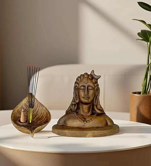 Cosmic_Leaf_And_Adiyogi_Antique_Ceramic_Figurine_Showpiece_Artifact_Abstract_Animal_Statue_For_Indoor,_Home,_Office_Decor,(Cosmic_Leaf-L-9.5Xw-7Xh-5Cm/Adiyogi-L_-_11_X_W_-_6_X_H_-_10_Cm)