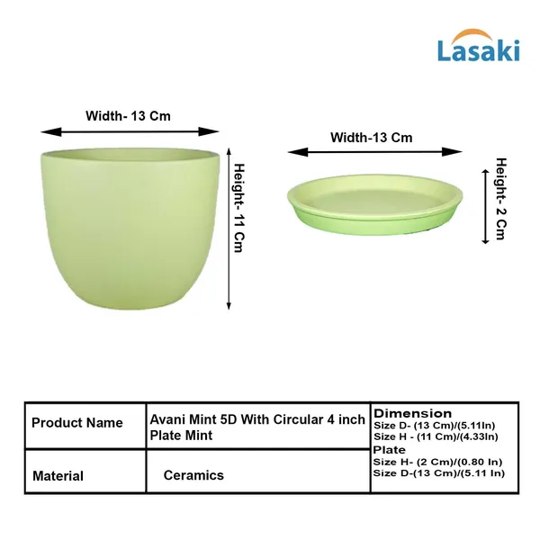 Avani_5D_Mint_With_Plate_R4_Mint_Ceramic_Pots_For_Indoor_Plants,Planters,Flower,Gamla,Outdoor(Pot-D-13_X_H-11Cm,Plate-D-13_Xh-2_Cm)