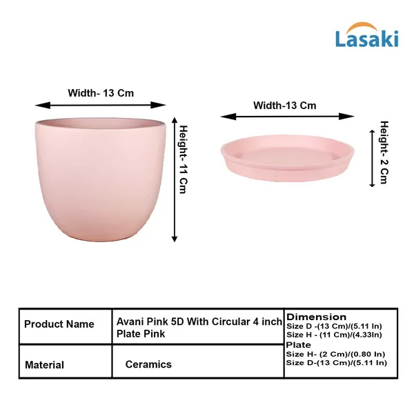 Avani_5D_Pink_With_Plate_R4_Pink_Ceramic_Pots_For_Indoor_Plants,Planters,Flower,Gamla,Outdoor(Pot-D-13_X_H-11Cm,Plate-D-13_Xh-2_Cm)