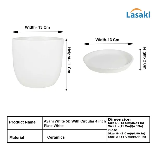 Avani_5D_White_With_Plate_R4_White_Ceramic_Pots_For_Indoor_Plants,Planters,Flower,Gamla,Outdoor(Pot-D-13_X_H-11Cm,Plate-D-13_Xh-2_Cm)