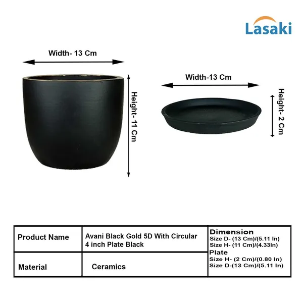 Avani_5D_Black_Gold_With_Plate_R4_Black_Ceramic_Pots_For_Indoor_Plants,Planters,Flower,Gamla,Outdoor(Pot-D-13_X_H-11Cm,Plate-D-13_Xh-2_Cm)
