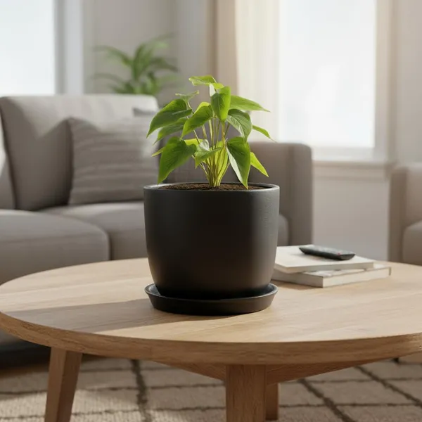 Avani_6D_Black_With_Plate_R4_Black_Ceramic_Pots_For_Indoor_Plants,Planters,Flower,Gamla,Outdoor(Pot-D-15.5_X_H-13Cm,Plate-D-13_Xh-2_Cm)