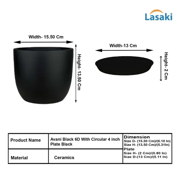 Avani_6D_Black_With_Plate_R4_Black_Ceramic_Pots_For_Indoor_Plants,Planters,Flower,Gamla,Outdoor(Pot-D-15.5_X_H-13Cm,Plate-D-13_Xh-2_Cm)