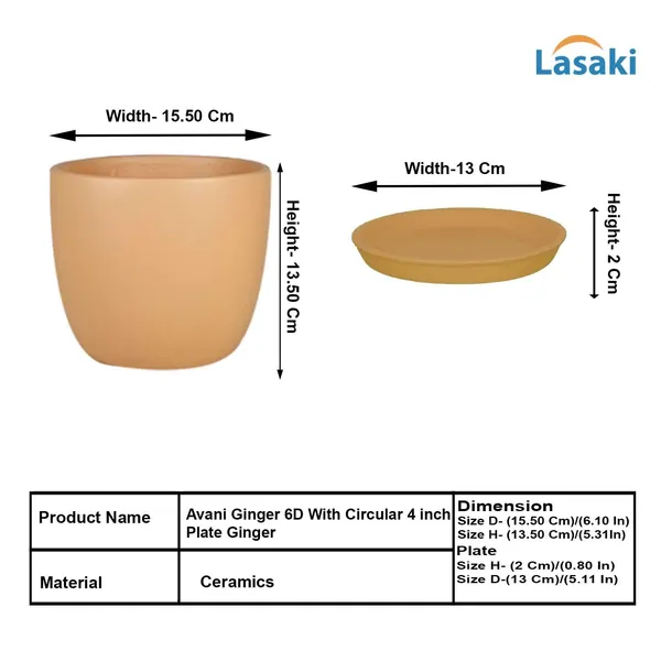 Avani_6D_Ginger_With_Plate_R4_Ginger_Ceramic_Pots_For_Indoor_Plants,Planters,Flower,Gamla,Outdoor(Pot-D-15.5_X_H-13Cm,Plate-D-13_Xh-2_Cm)