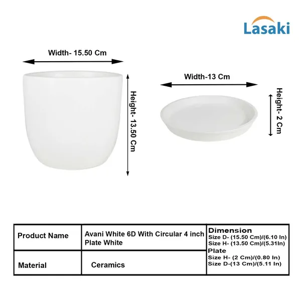 Avani_6D_White_With_Plate_R4_White_Ceramic_Pots_For_Indoor_Plants,Planters,Flower,Gamla,Outdoor(Pot-D-15.5_X_H-13Cm,Plate-D-13_Xh-2_Cm)