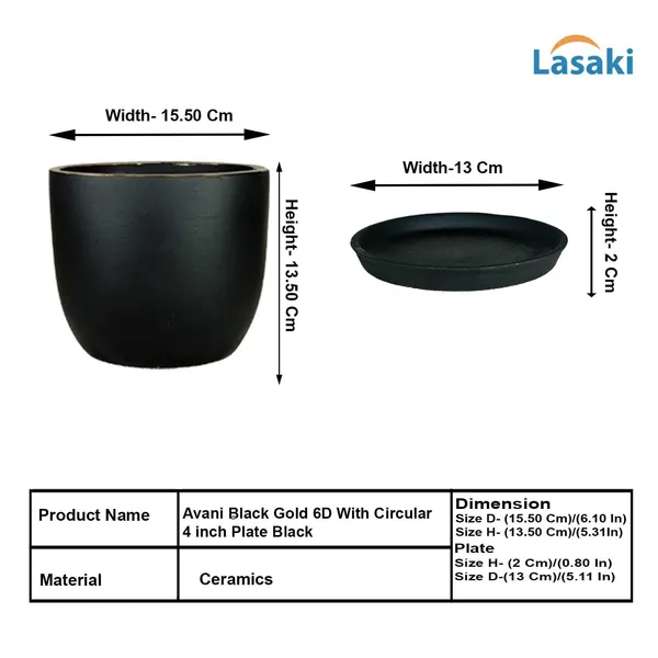 Avani_6D_Black_Gold_With_Plate_R4_Black_Ceramic_Pots_For_Indoor_Plants,Planters,Flower,Gamla,Outdoor(Pot-D-15.5_X_H-13Cm,Plate-D-13_Xh-2_Cm)