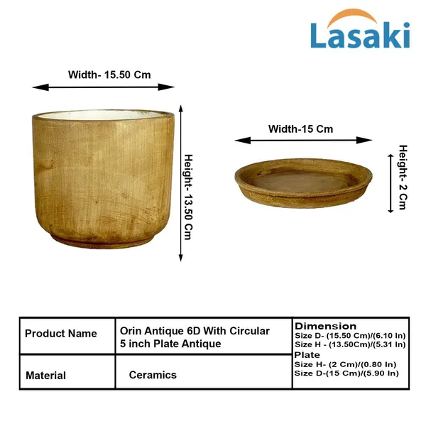 Orin_6D_Antique_With_Plate_R5_Antique_Ceramic_Pots_For_Indoor_Plants,Planters,Flower,Gamla,Outdoor(Pot-D-15.5_X_H-13.5Cm,Plate-D-15_Xh-2_Cm)