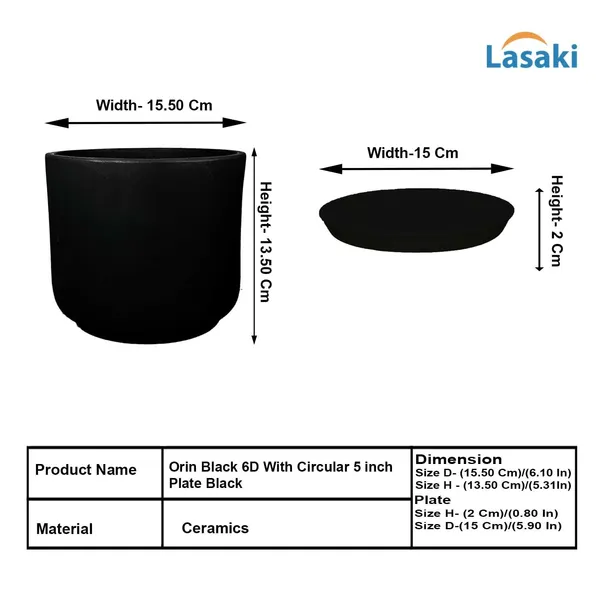 Orin_6D_Black_With_Plate_R5_Black_Ceramic_Pots_For_Indoor_Plants,Planters,Flower,Gamla,Outdoor(Pot-D-15.5_X_H-13.5Cm,Plate-D-15_Xh-2_Cm)