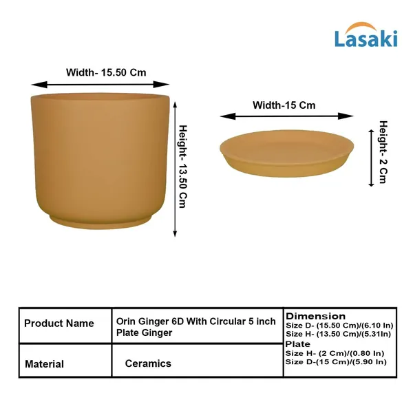 Orin_6D_Ginger_With_Plate_R5_Ginger_Ceramic_Pots_For_Indoor_Plants,Planters,Flower,Gamla,Outdoor(Pot-D-15.5_X_H-13.5Cm,Plate-D-15_Xh-2_Cm)