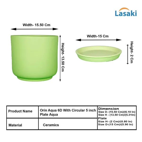 Orin_6D_Mint_With_Plate_R5_Mint_Ceramic_Pots_For_Indoor_Plants,Planters,Flower,Gamla,Outdoor(Pot-D-15.5_X_H-13.5Cm,Plate-D-15_Xh-2_Cm)