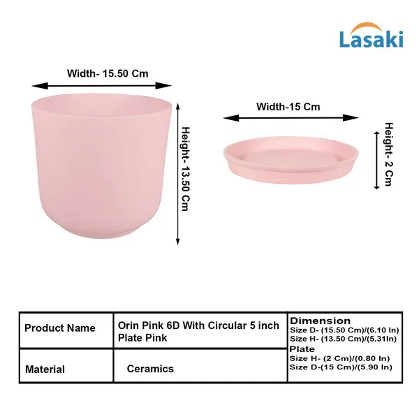 Orin_6D_Pink_With_Plate_R5_Pink_Ceramic_Pots_For_Indoor_Plants,Planters,Flower,Gamla,Outdoor(Pot-D-15.5_X_H-13.5Cm,Plate-D-15_Xh-2_Cm)