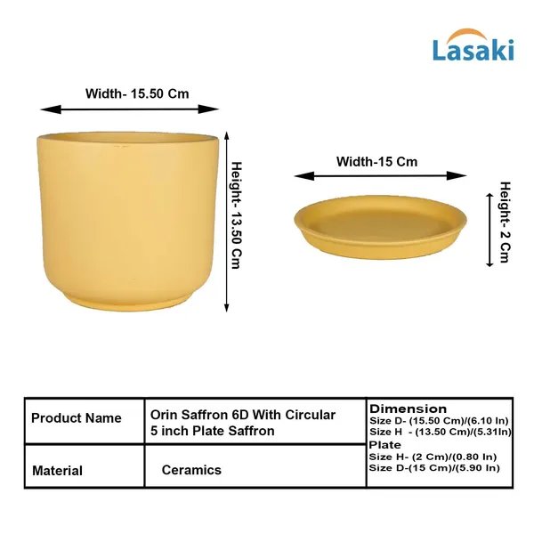 Orin_6D_Saffron_With_Plate_R5_Saffron_Ceramic_Pots_For_Indoor_Plants,Planters,Flower,Gamla,Outdoor(Pot-D-15.5_X_H-13.5Cm,Plate-D-15_Xh-2_Cm)