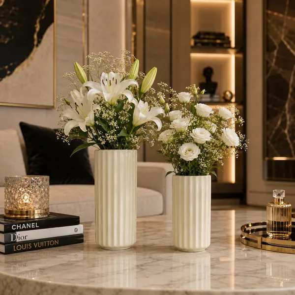 Lasaki_Ayla_set_of_2_vase_ivory_HT25_Ceramic_Flower_Vase_for_Living_Room,Bedroom,Dining_Table,Home_Decoration,Artificial_Flowers|Big:D-_7_X_H_-_15_cm,_Small:D-_6.5_X_H_-_13_cm|Flowers_not_included