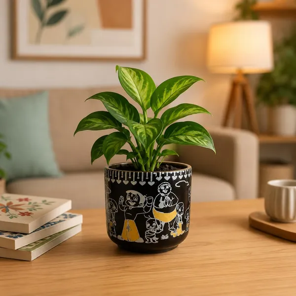 Lasaki_Orin_5d_chota_bheem_black_&_white_Ceramic_Pots_for_Indoor_Plants,_Planters,gamla,Outdoor,Balcony,Home,Round,Garden,_Office_Decor,Succulent(H_-_11.5_X_D_-_13_cm)(Plants_not_included)