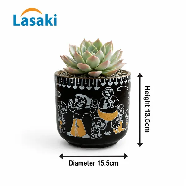 Lasaki_Orin_5d_chota_bheem_black_&_white_Ceramic_Pots_for_Indoor_Plants,_Planters,gamla,Outdoor,Balcony,Home,Round,Garden,_Office_Decor,Succulent(H_-_11.5_X_D_-_13_cm)(Plants_not_included)