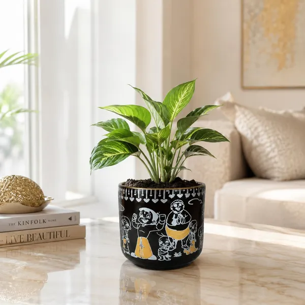 Lasaki_Orin_5d_chota_bheem_black_&_white_Ceramic_Pots_for_Indoor_Plants,_Planters,gamla,Outdoor,Balcony,Home,Round,Garden,_Office_Decor,Succulent(H_-_11.5_X_D_-_13_cm)(Plants_not_included)