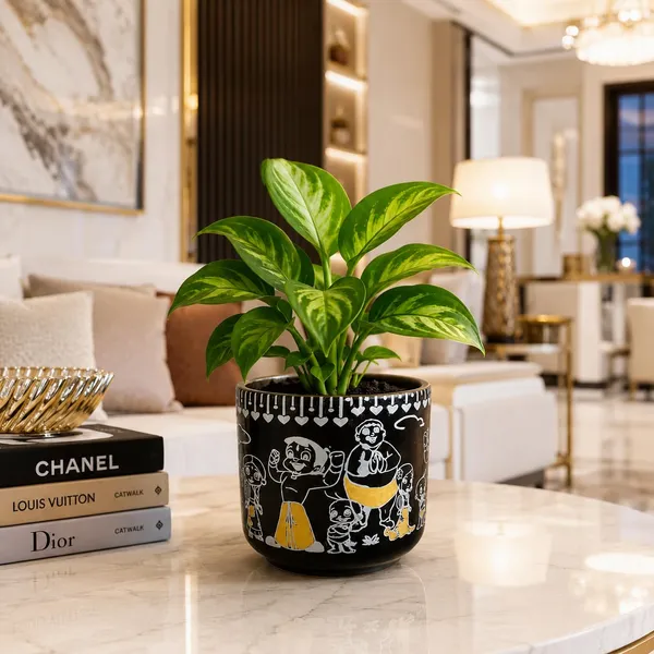 Lasaki_Orin_5d_chota_bheem_black_&_white_Ceramic_Pots_for_Indoor_Plants,_Planters,gamla,Outdoor,Balcony,Home,Round,Garden,_Office_Decor,Succulent(H_-_11.5_X_D_-_13_cm)(Plants_not_included)