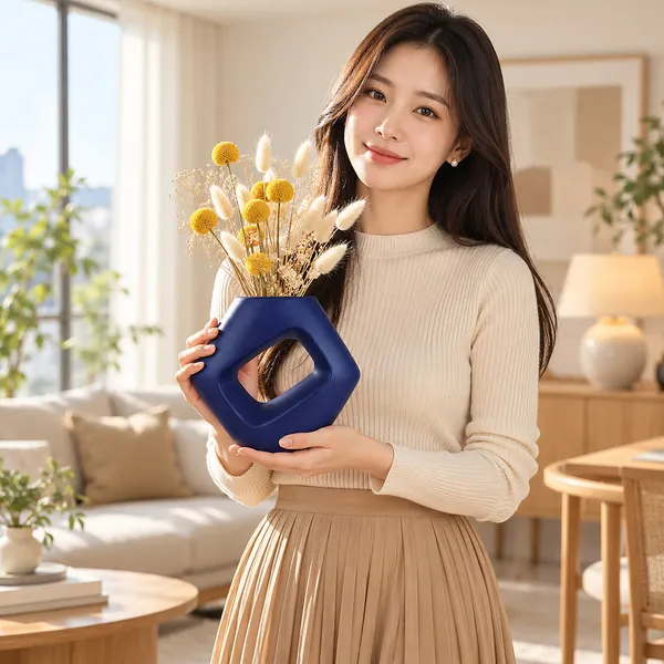 Lasaki_Ora_Ceramic_Donut_Flower_Vase,_Hand_Painted_Matte,_7_Inch,_Navy_Blue