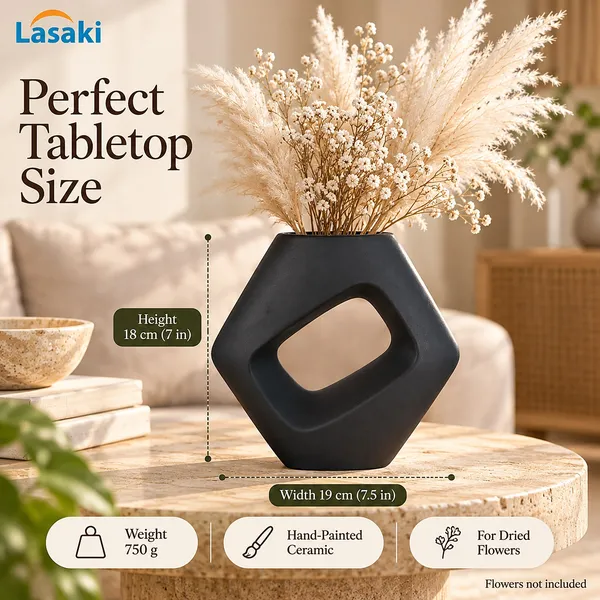 Lasaki_Ora_Ceramic_Donut_Flower_Vase,_Hand_Painted_Matte,_7_Inch,_Black
