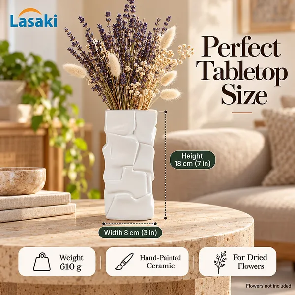 Lasaki_Crato_Ceramic_Flower_Vase,_Hand_Painted_Matte,_7_Inch,_White