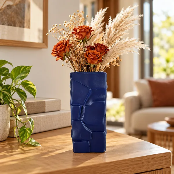 Lasaki_Crato_Ceramic_Flower_Vase,_Hand_Painted_Matte,_7_Inch,_Navy_Blue