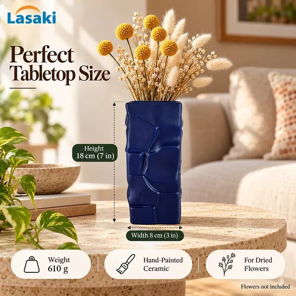Lasaki_Crato_Ceramic_Flower_Vase,_Hand_Painted_Matte,_7_Inch,_Navy_Blue