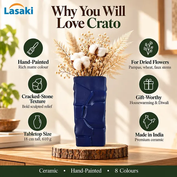 Lasaki_Crato_Ceramic_Flower_Vase,_Hand_Painted_Matte,_7_Inch,_Navy_Blue