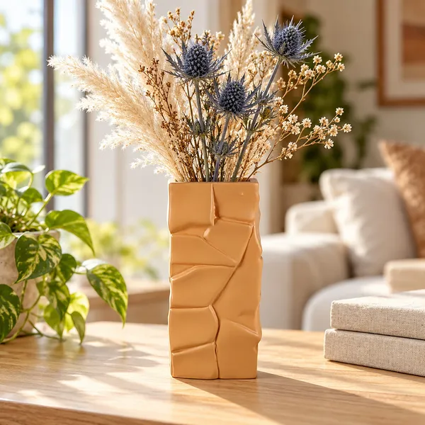 Lasaki_Crato_Ceramic_Flower_Vase,_Hand_Painted_Matte,_7_Inch,_Ginger_Tan