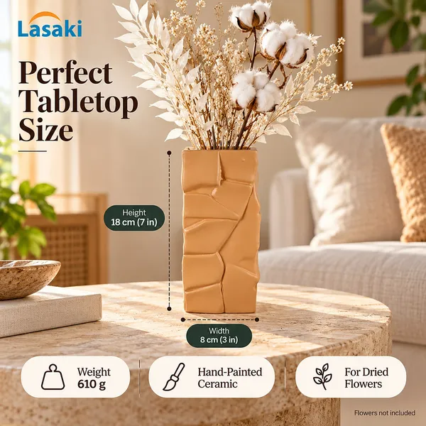 Lasaki_Crato_Ceramic_Flower_Vase,_Hand_Painted_Matte,_7_Inch,_Ginger_Tan