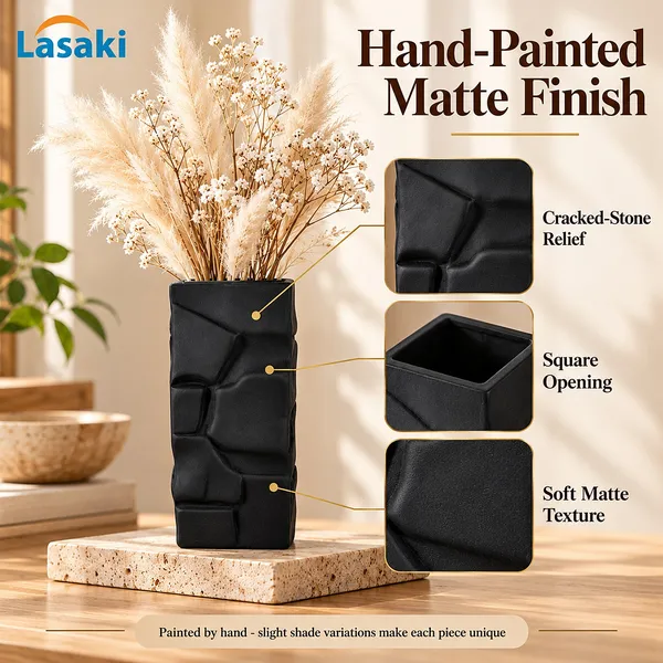 Lasaki_Crato_Ceramic_Flower_Vase,_Hand_Painted_Matte,_7_Inch,_Black