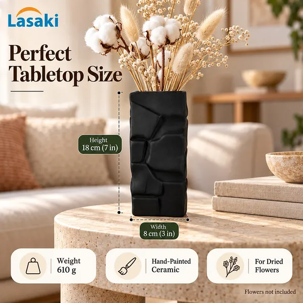 Lasaki_Crato_Ceramic_Flower_Vase,_Hand_Painted_Matte,_7_Inch,_Black