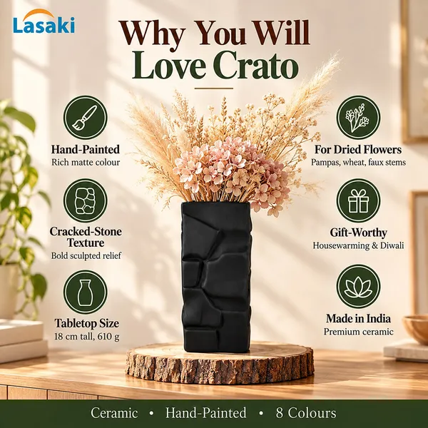 Lasaki_Crato_Ceramic_Flower_Vase,_Hand_Painted_Matte,_7_Inch,_Black