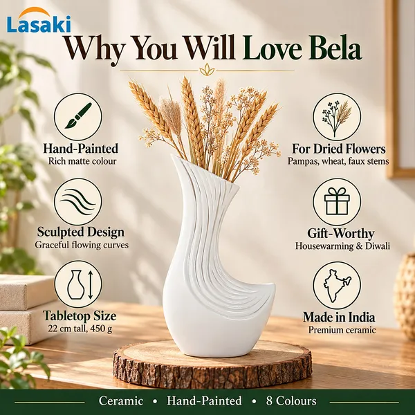 Lasaki_Bela_Ceramic_Flower_Vase,_Hand_Painted_Matte,_8.5_Inch,_White