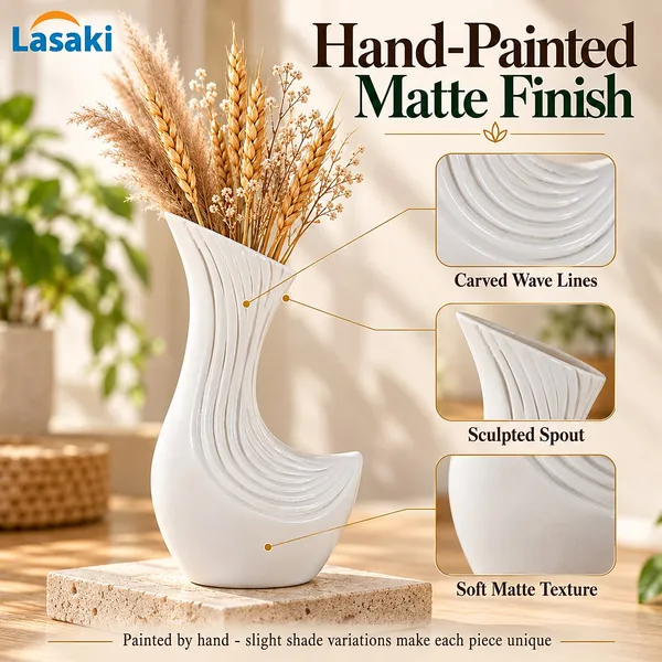 Lasaki_Bela_Ceramic_Flower_Vase,_Hand_Painted_Matte,_8.5_Inch,_White